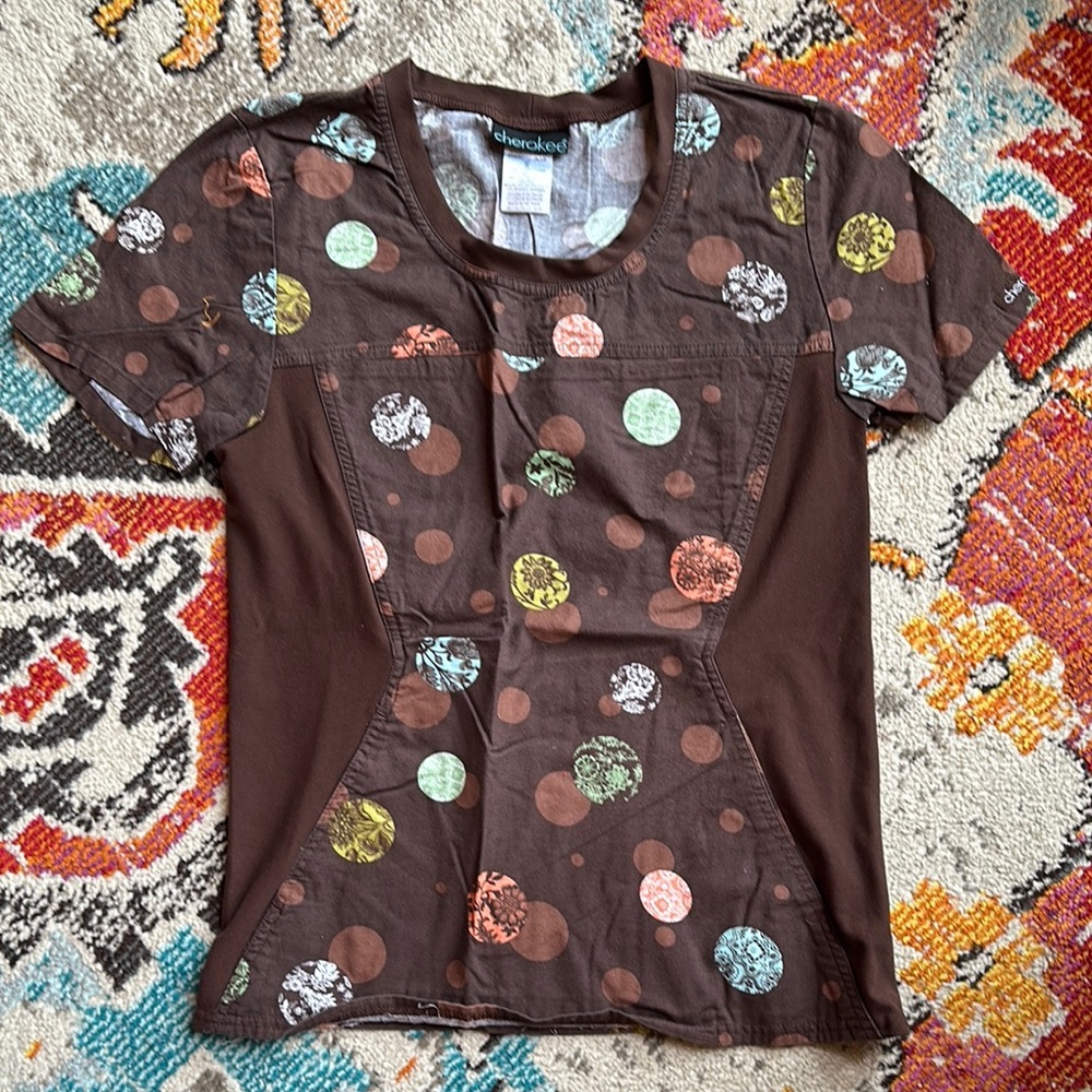Cherokee Brown Polka Dot Scrub Top, Small
